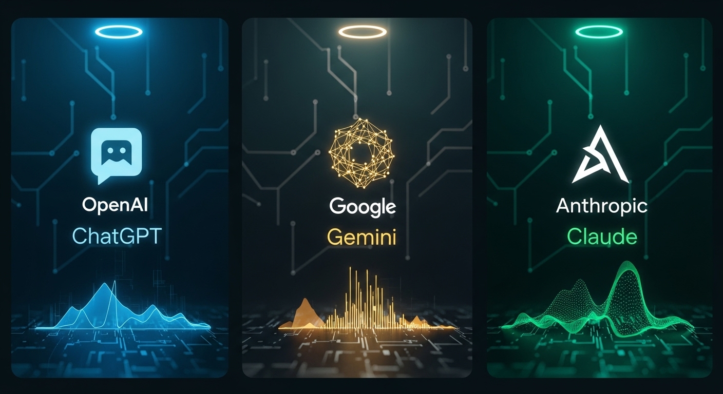 Comparativo visual entre ChatGPT vs Gemini vs Claude — estilo moderno, futurista, com fundo escuro azul petróleo e detalhes em neon.