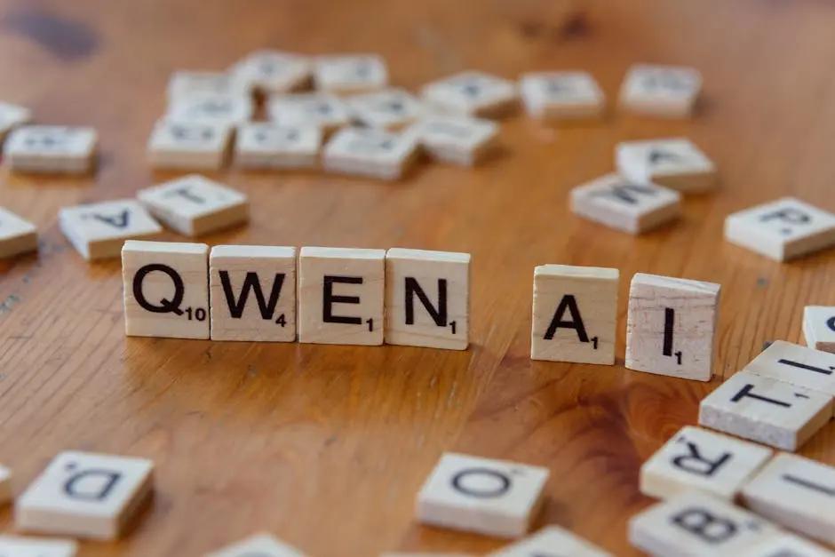 Scrabble-like tiles arranged to spell 'Qwen AI' on a wooden surface, depicting technology concepts.