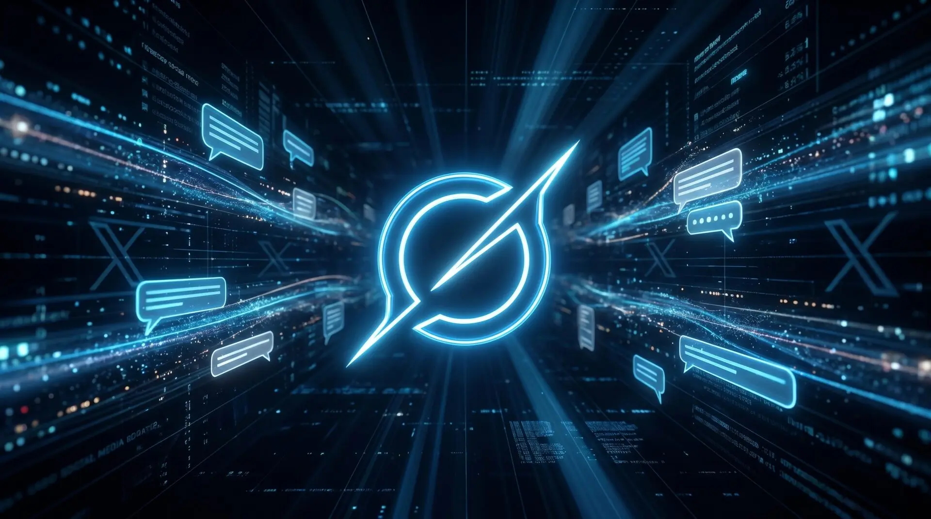 Logo Grok em neon com fluxos de dados em tempo real e balões de mensagem, representando o Grok, a IA da xAI integrada ao X