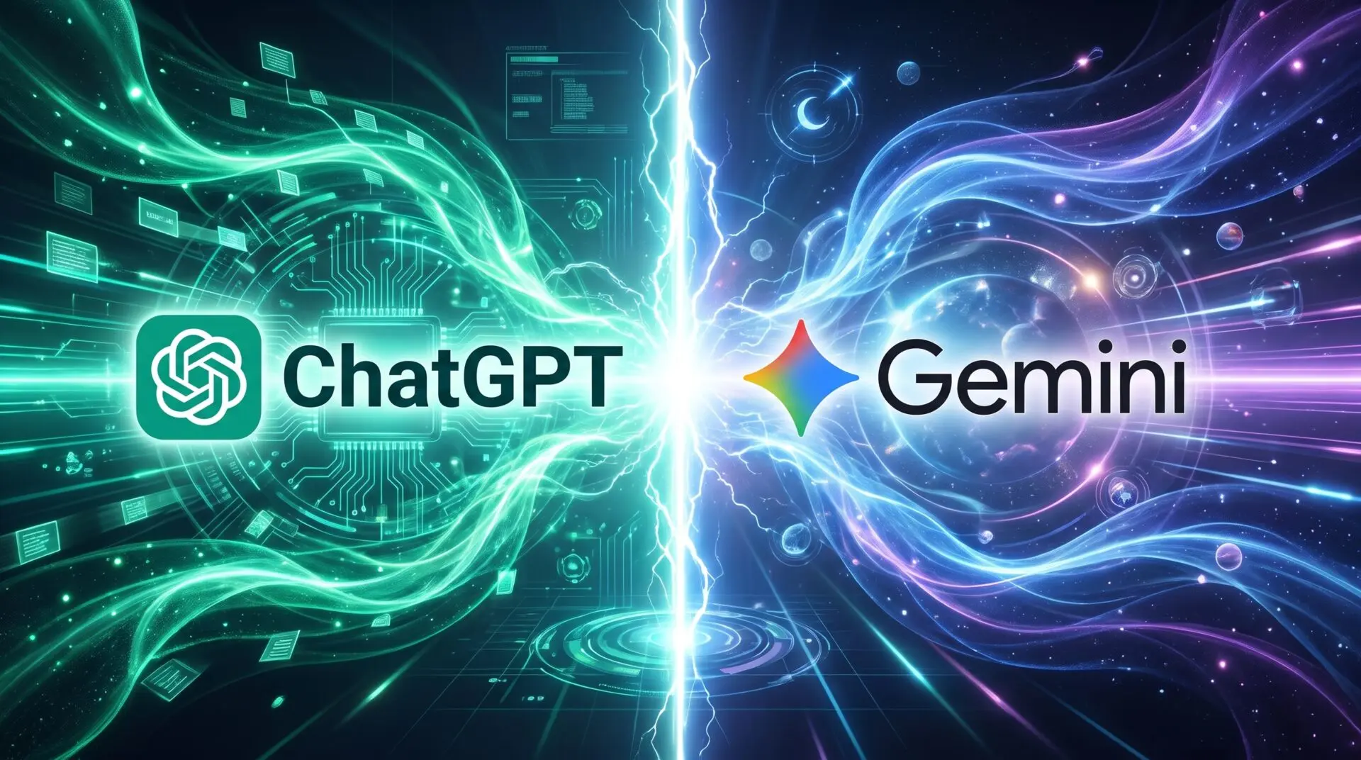 ChatGPT vs Gemini: ilustração de duas interfaces de IA lado a lado em 2026
