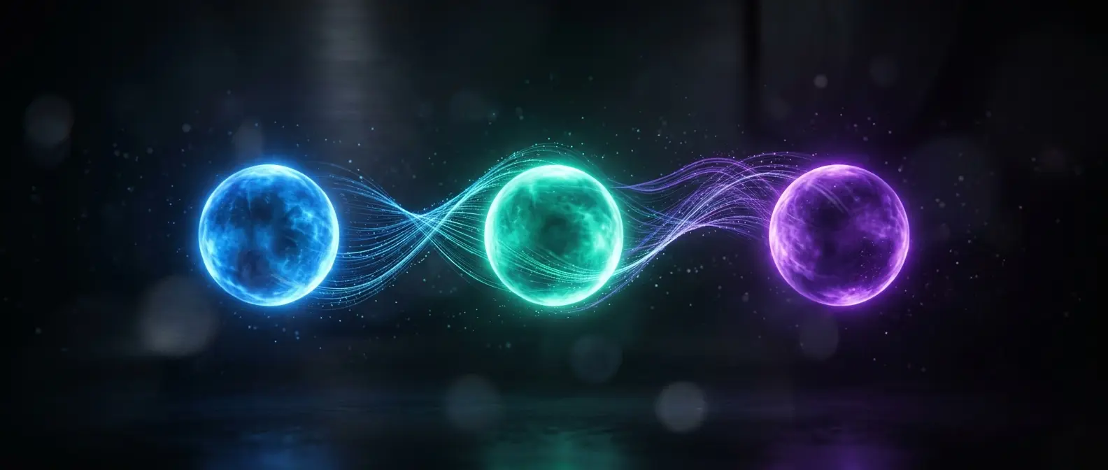 Comparativo das melhores IAs para programar representado por três esferas de luz coloridas conectadas