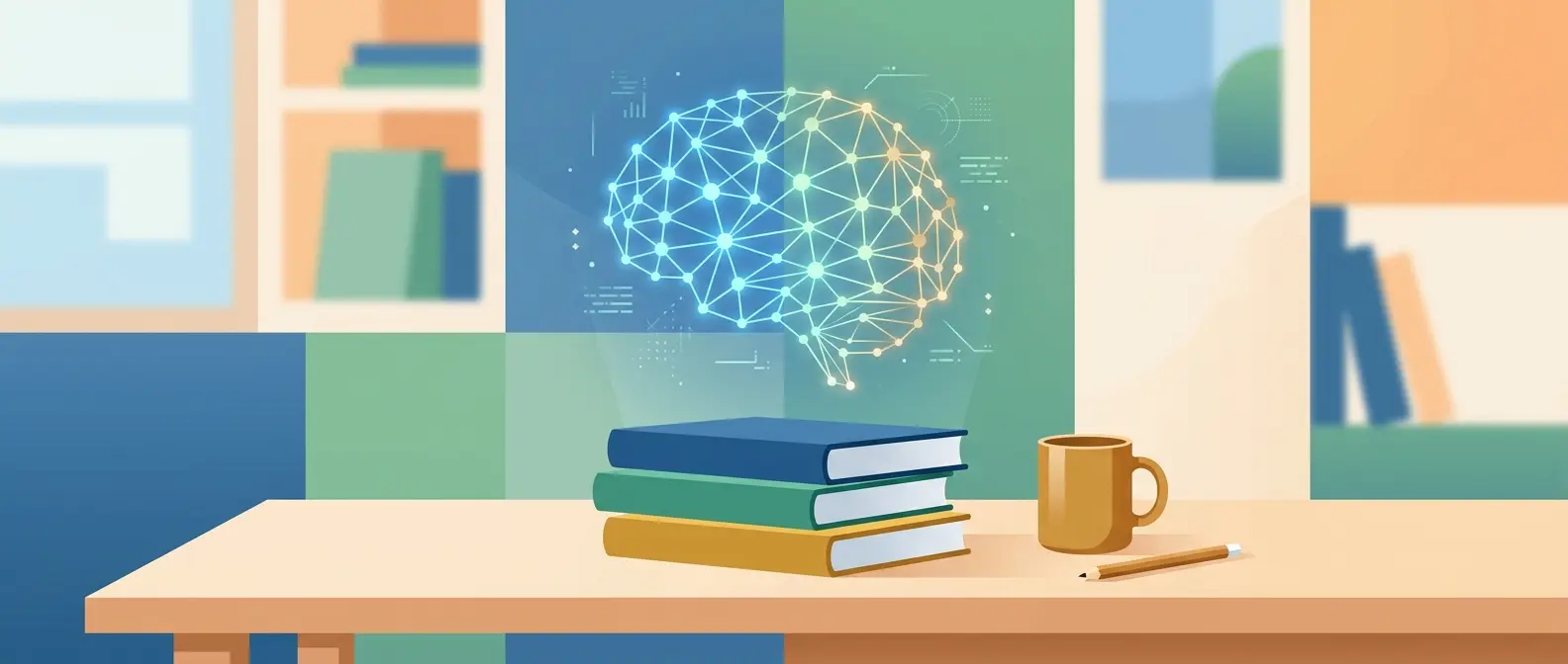 Ilustração abstrata de inteligência artificial ajudando nos estudos para concurso com livros e cérebro neural