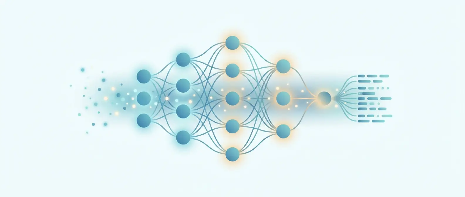 Ilustração conceitual de uma rede neural luminosa recebendo partículas de dados e formando padrões, representando o aprendizado de máquina