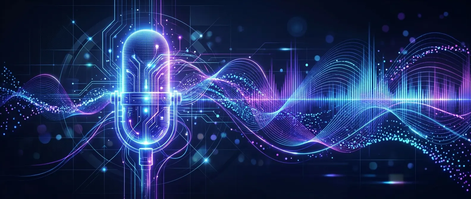 Conceito abstrato de IA de voz com ondas sonoras saindo de um microfone luminoso