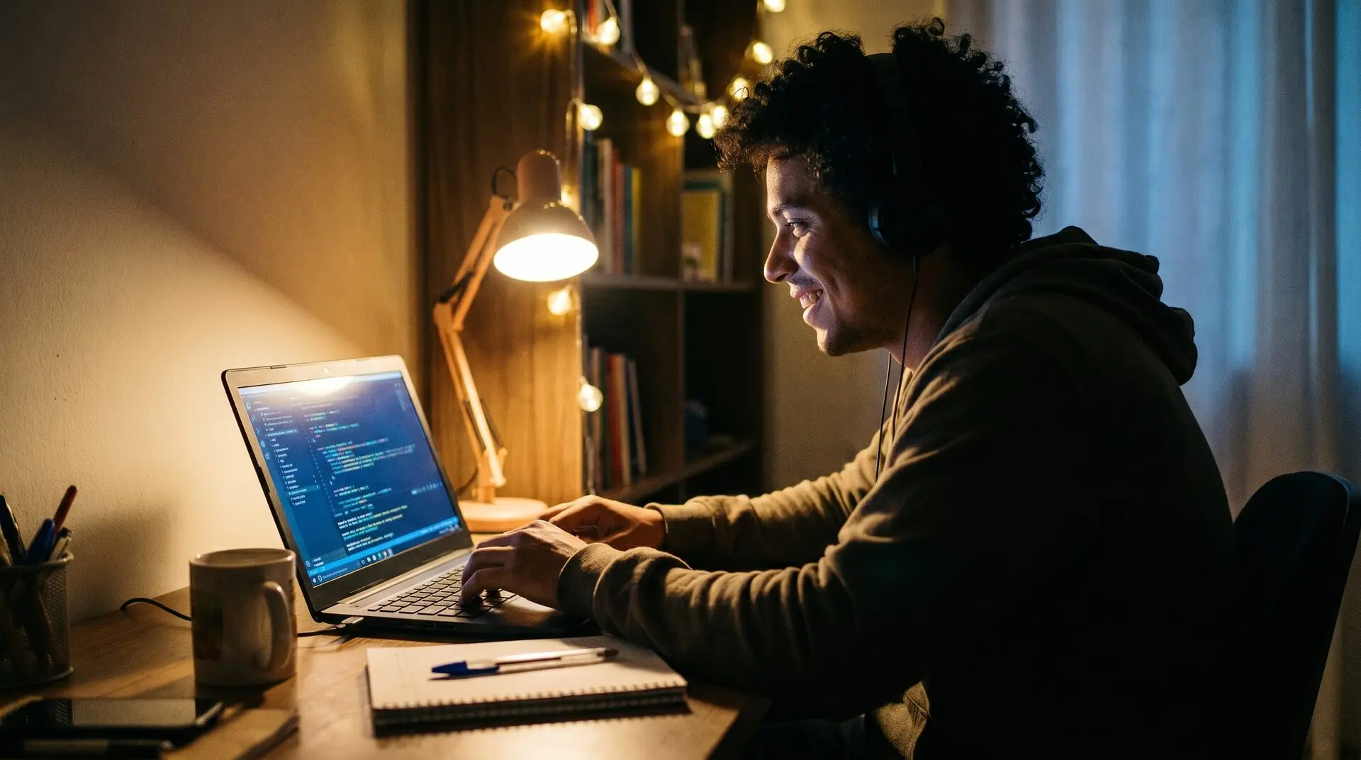 Jovem estudante aprendendo a programar à noite em frente ao notebook com editor de código