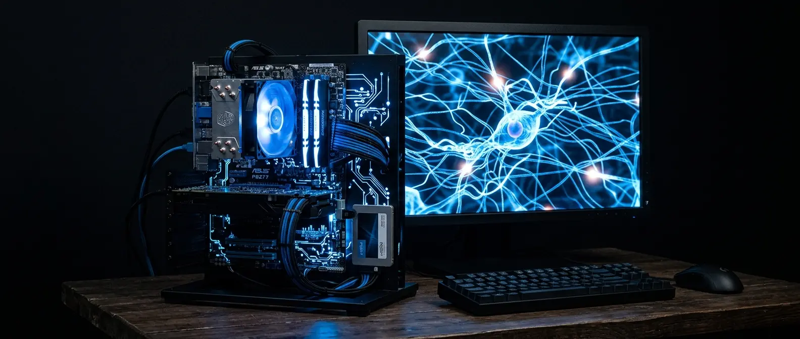 Como rodar IA local em PC fraco: computador desktop com padrões de rede neural
