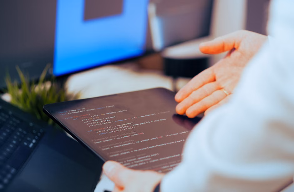 Desenvolvedor de software analisando código em um tablet em um ambiente de escritório moderno.